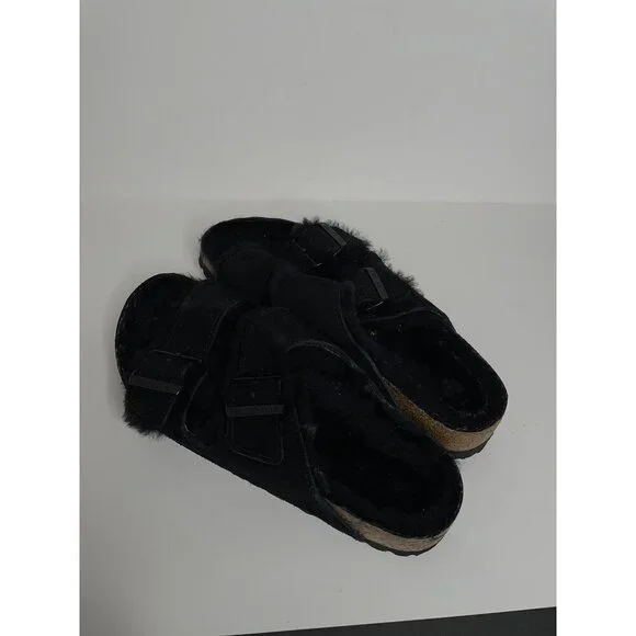 Birkenstock Arizona Black Shearling Fur Sandals Size 38 US 7 Narrow NEW - Picture 5 of 7